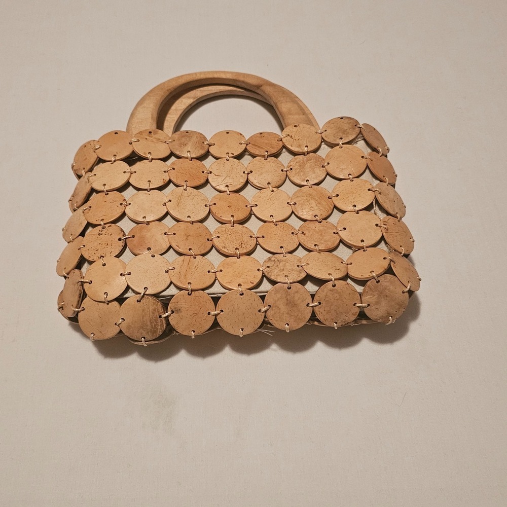 Vintage Wood Disk Beaded Light Brown 2 Top Handles Bag  with Boho Vibes - Picture 7 of 12